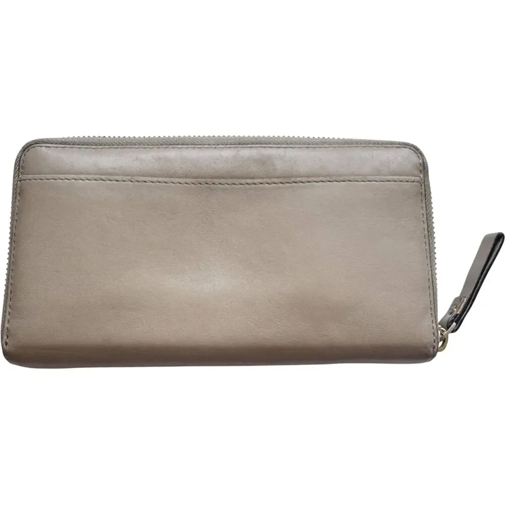 Kate Spade Zip Around Smooth Leather Wallet Gold Hardware Rivets Taupe Beige